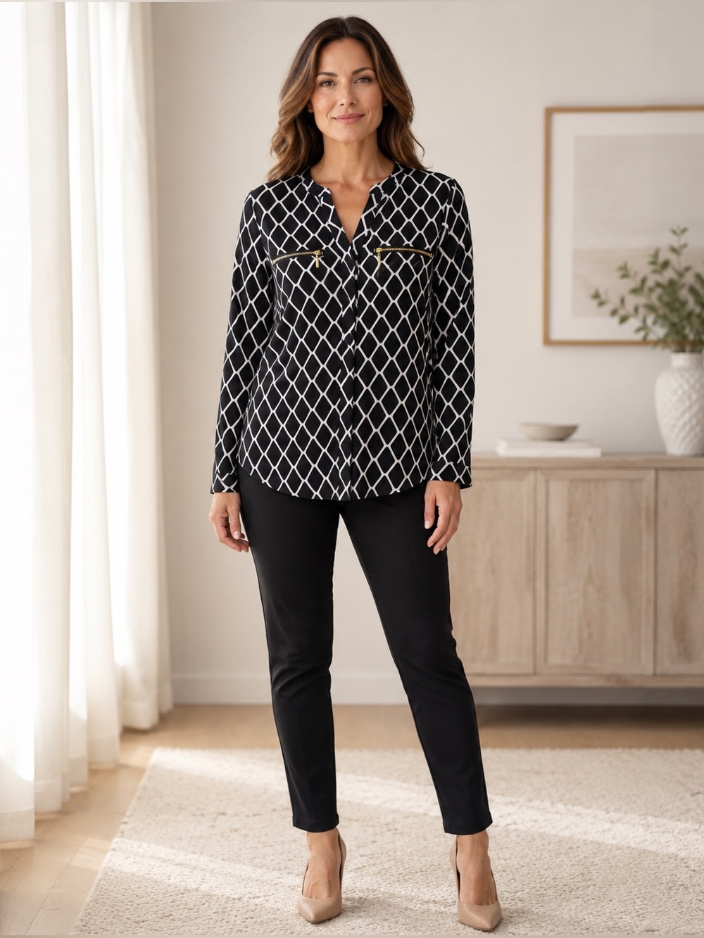 INC International Concepts Geometric Print Zip Blouse XS NWT